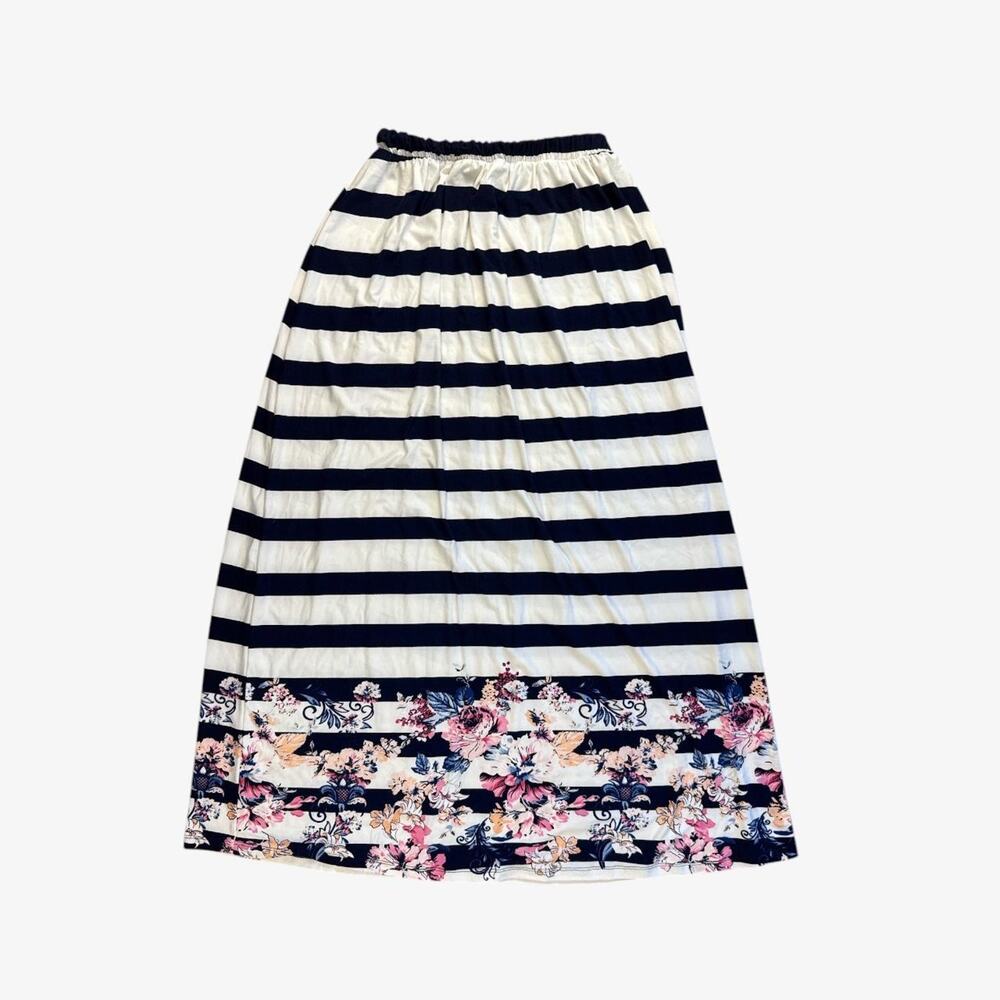 Navy white striped floral preppy maxi skirt coastal nautical - size small